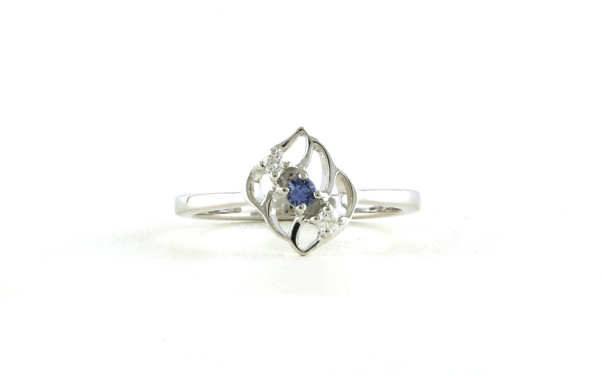 Leaf Design 3-Stone Montana Yogo Sapphire and Diamond Ring in White Gold