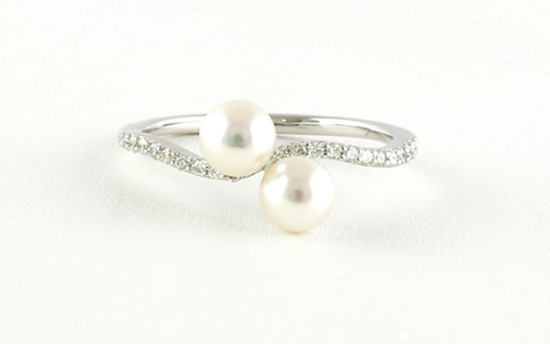 Two-Stone Style Pearl Ring with Pave Diamonds in White Gold