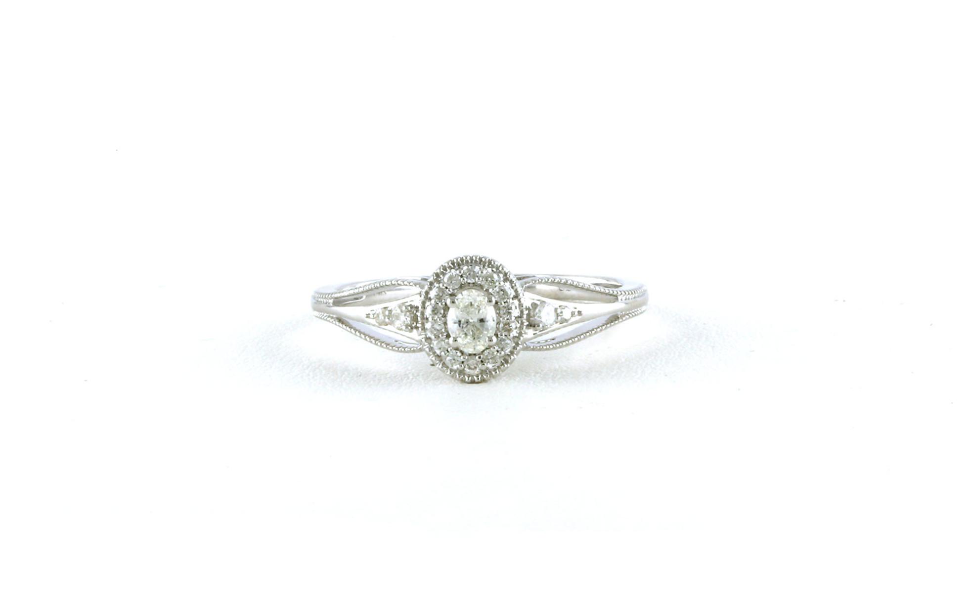 Halo-style Oval-cut Diamond Engagement Ring with Milgrain Band in White Gold (0.22cts TWT)