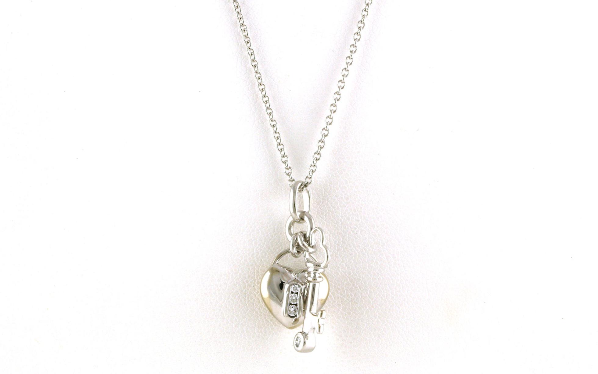 Estate Piece: Heart Lock and Key Diamond Necklace in White Gold (0.12cts TWT)