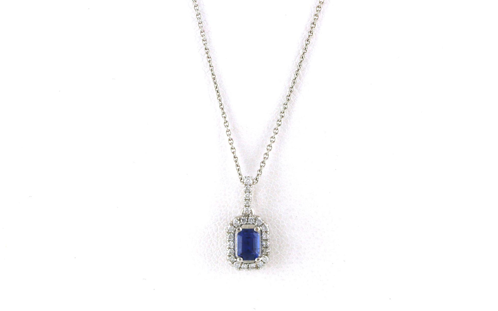 Halo-style Emerald-cut Montana Yogo Sapphire Necklace in White Gold (0.53cts TWT)