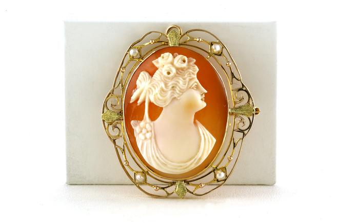 content/products/Estate Piece: Cameo Pin with Pearls and Filigree Details in Yellow Gold