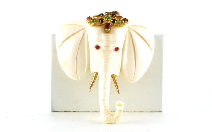 content/products/Estate Piece: Large Bone Elephant Pendant with Ruby, Sapphires, and Emeralds in Yellow Gold