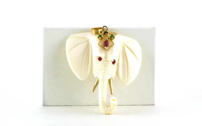 content/products/Estate Piece: Small Bone Elephant Pendant with Rubies, and Emeralds in Yellow Gold