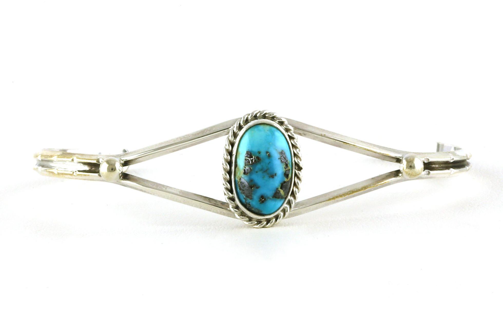 Estate Piece: Oval Bezel-set Turquoise Cuff with Split-Shank and Rope Detail in Sterling Silver