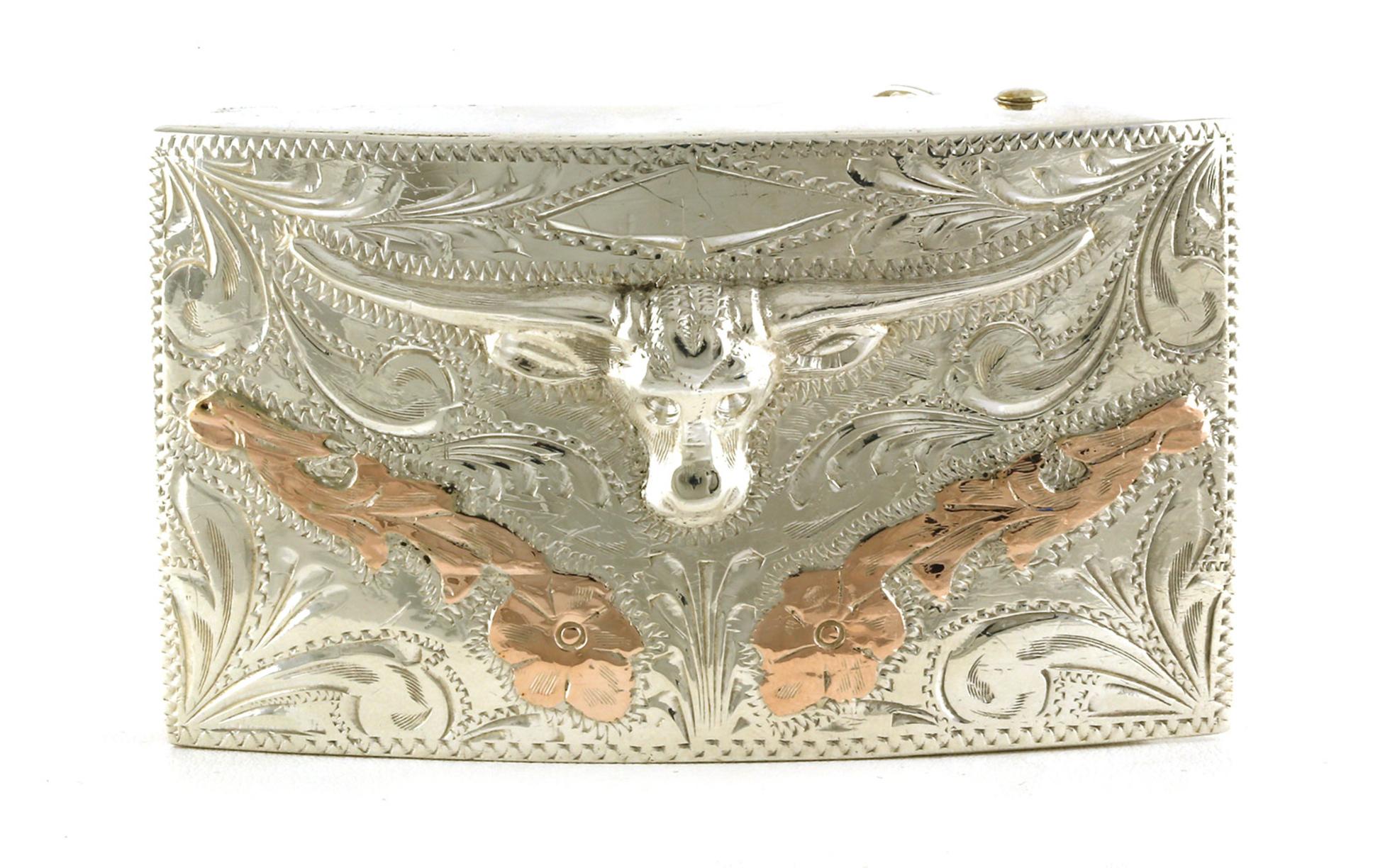 Estate Piece: Longhorn Belt Buckle with Engraved Details in Two-tone Rose Gold and Sterling Silver