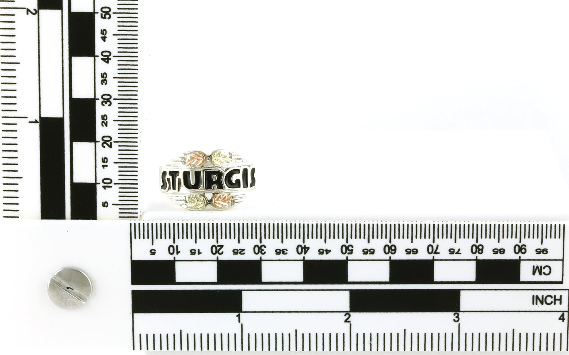 Estate Piece: Sturgis Black Enamel Ring with Leaf Design in Sterling Silver and Blackhills Gold