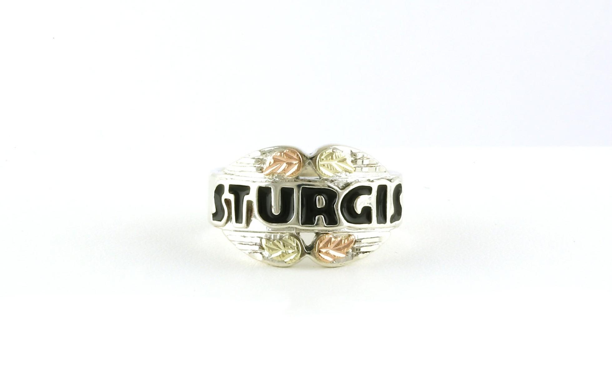 Estate Piece: Sturgis Black Enamel Ring with Leaf Design in Sterling Silver and Blackhills Gold scale