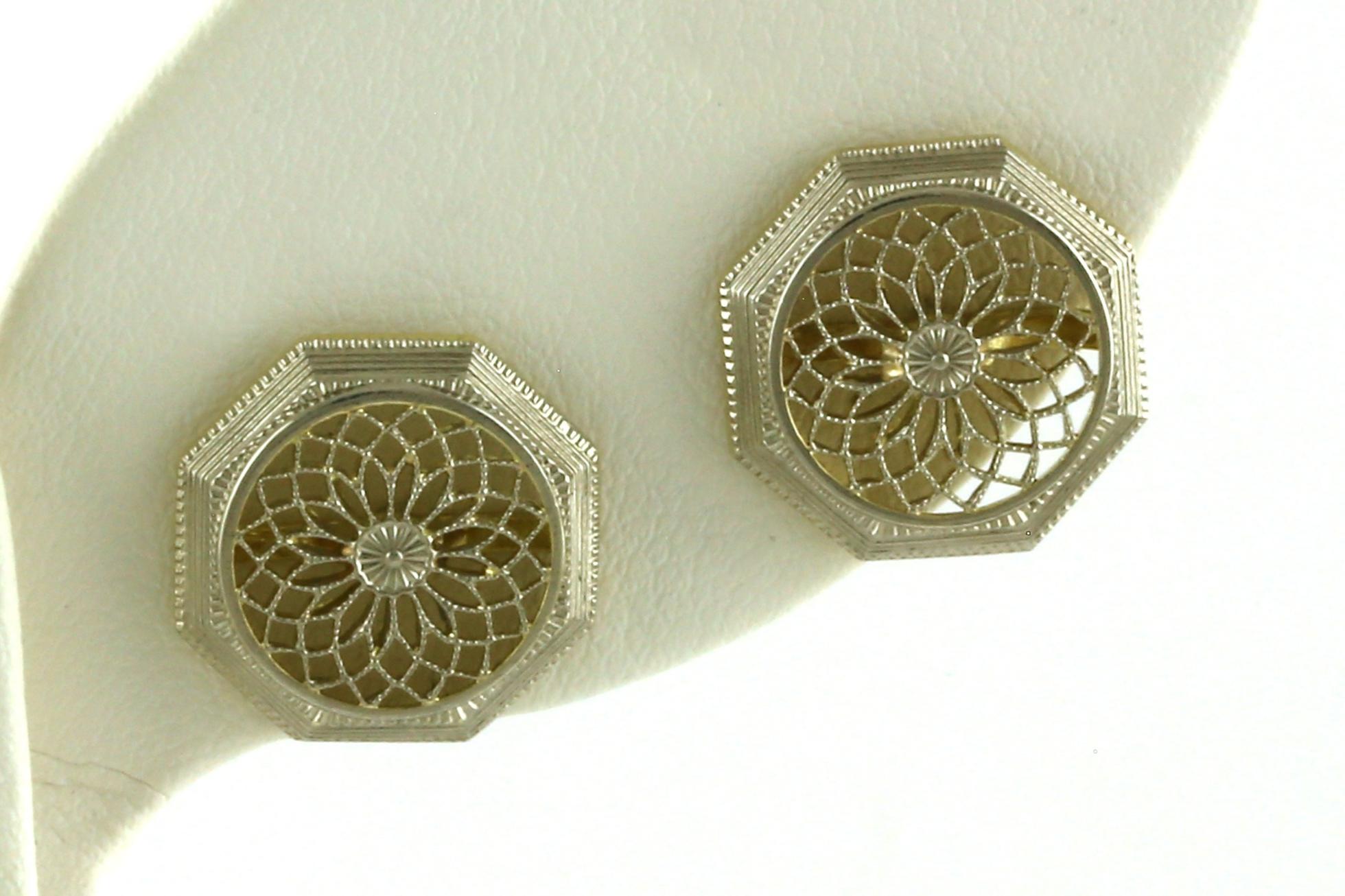 Octagonal Filigree Earrings in Two-Tone Gold