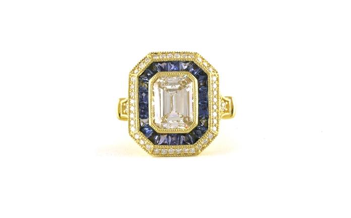 content/products/Double Halo Emerald-cut Diamond and Montana Yogo Sapphire Cocktail Ring with Hand Engraving in Yellow Gold (3.88cts TWT)
