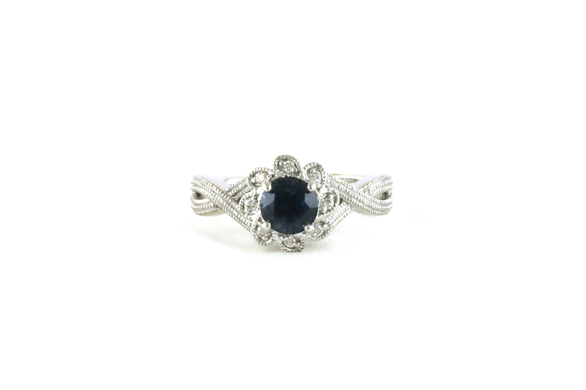 Flower Halo Ring with Montana Sapphire and Diamonds in White Gold