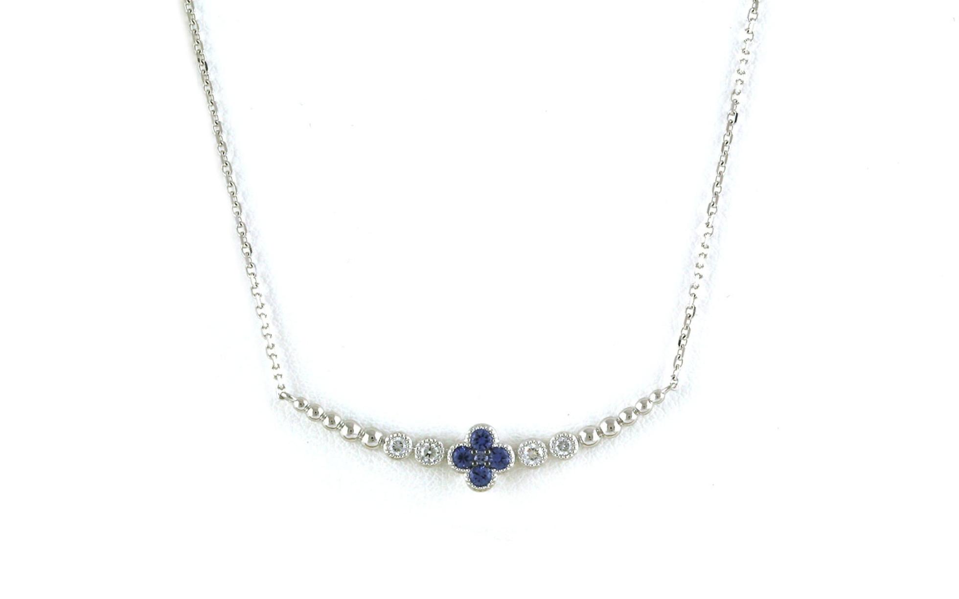 Curved Bar Flower Montana Yogo Sapphire and Diamond Split Chain Necklace in White Gold (0.37cts TWT) 