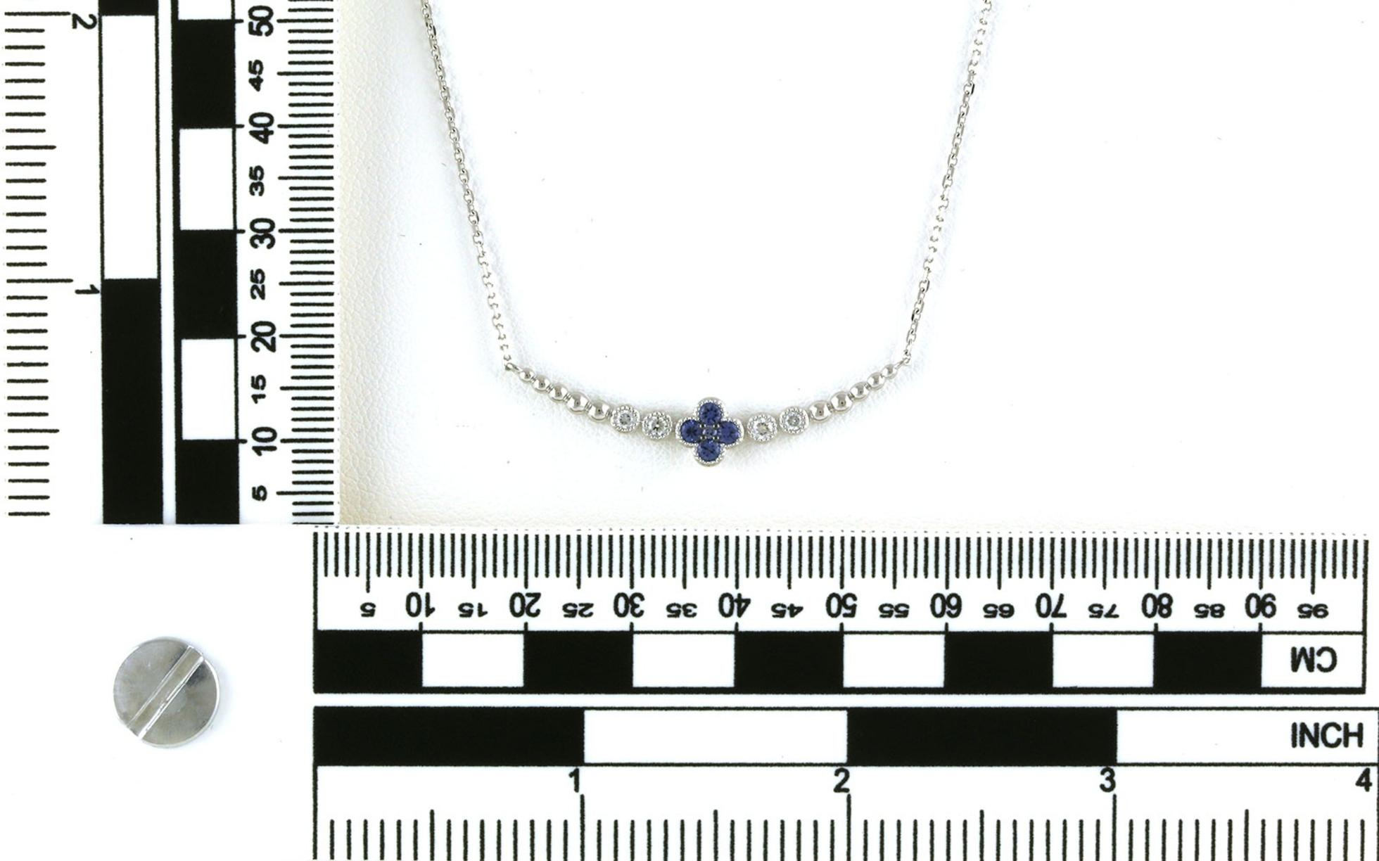 Curved Bar Flower Montana Yogo Sapphire and Diamond Split Chain Necklace in White Gold (0.37cts TWT)  Scale