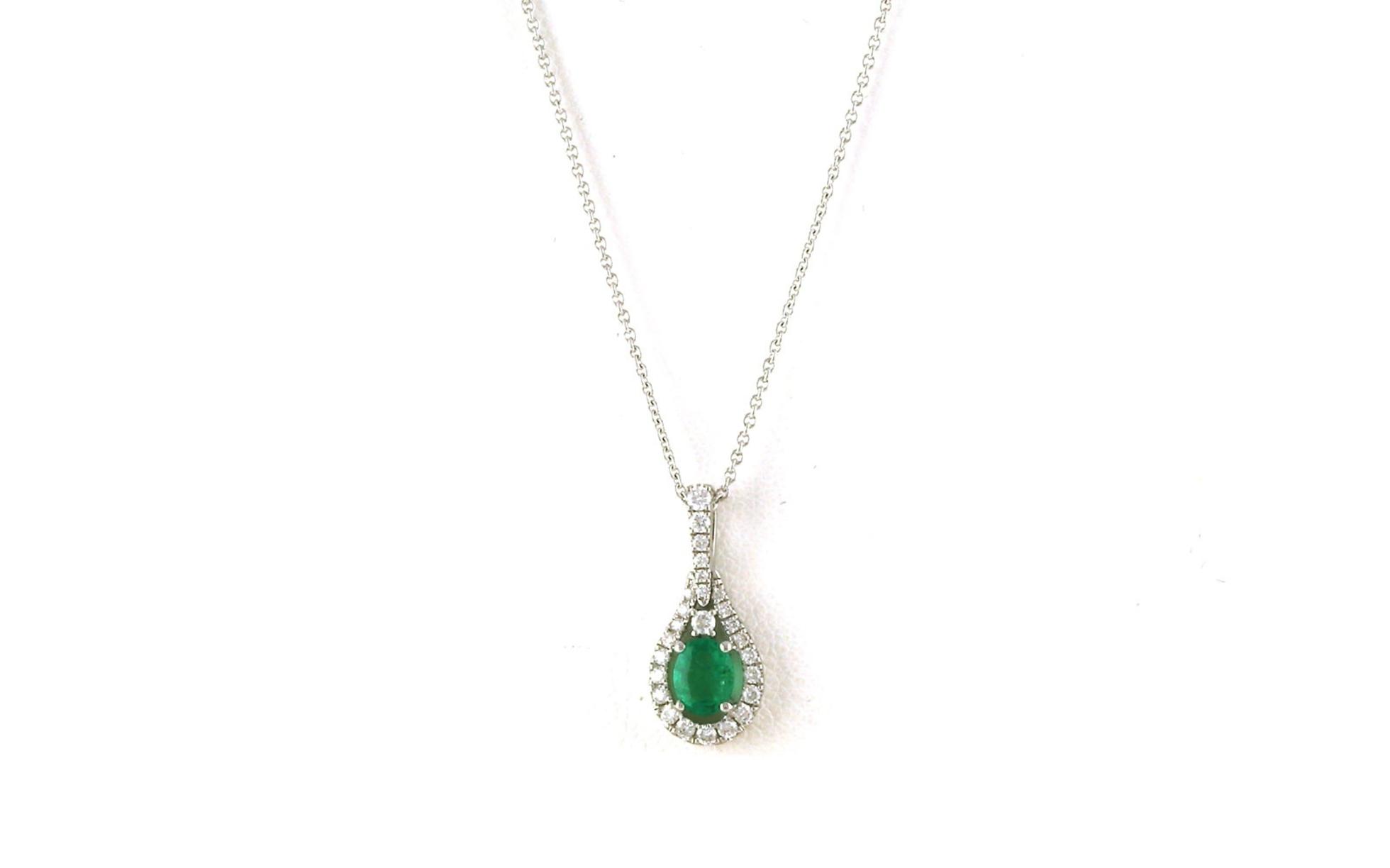 Oval Diamond Halo Emerald Drop Necklace in White Gold (0.50cts TWT)