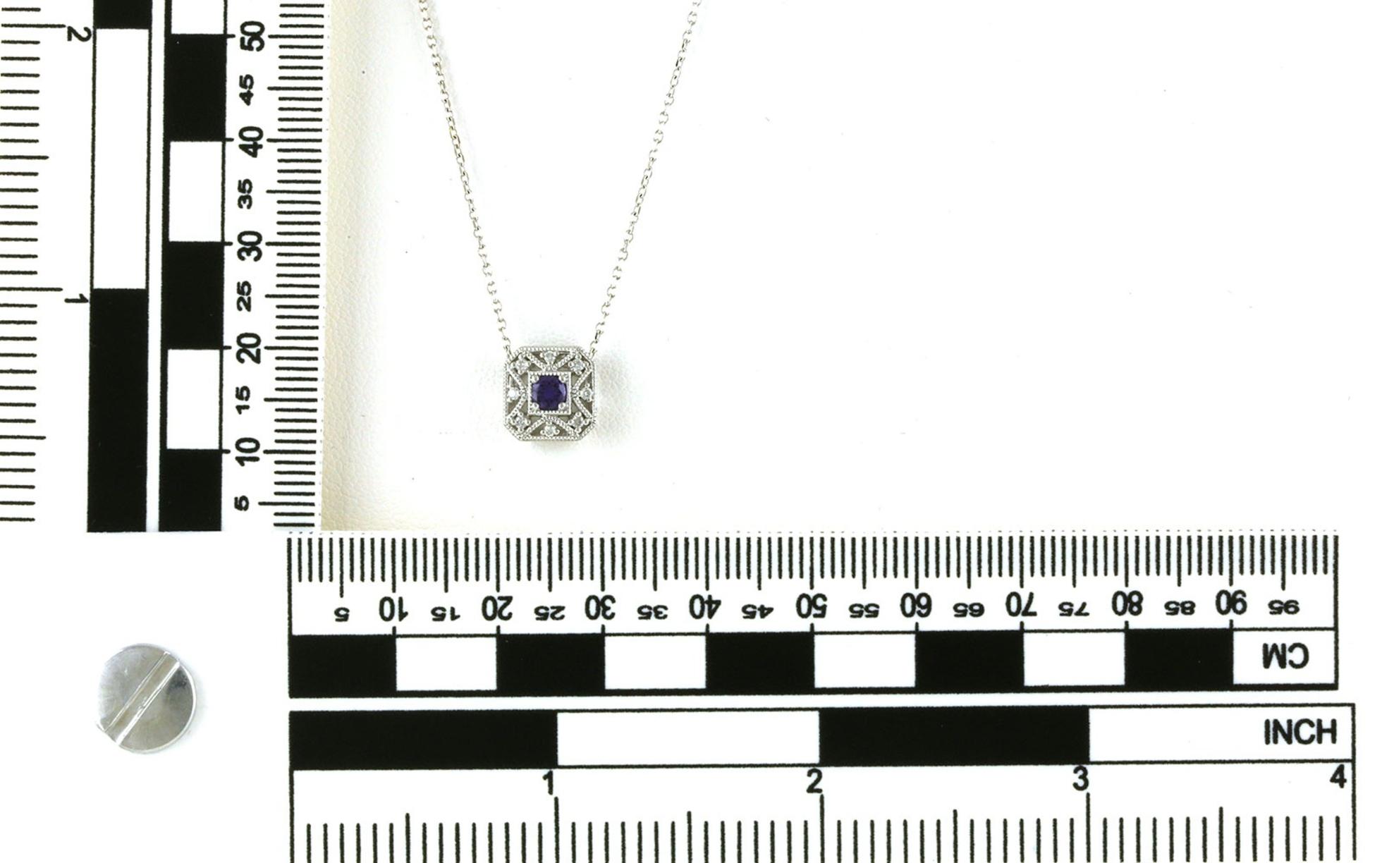 Square Filigree Halo Huckleberry Yogo Sapphire and Diamond Necklace in White Gold (0.22cts TWT) scale