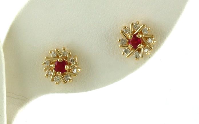 content/products/Estate Piece: Spiral Halo Cluster Ruby and Diamond Stud Earrings in Yellow Gold (0.41cts TWT)